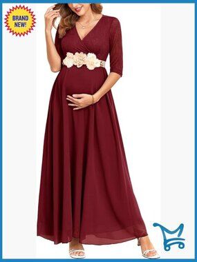 3/4 Sleeve Maternity Dress Leaf Lace Chiffon V Neck Wrap A Line Flowy Baby